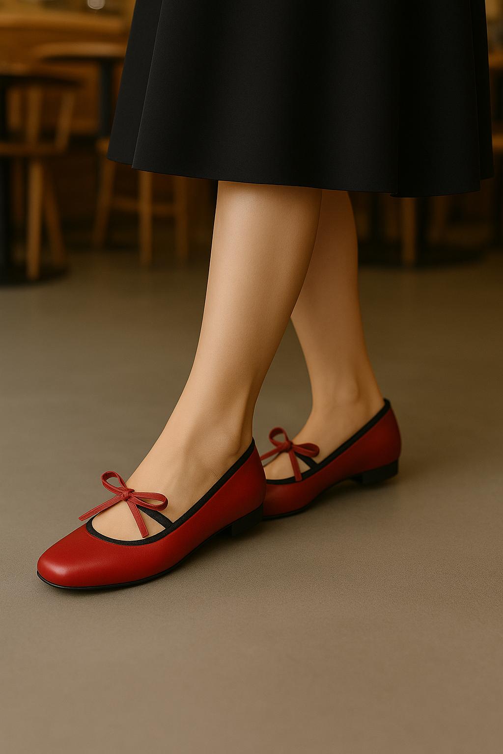 Eloise Flats in Cherry Red – Handmade Everyday Flats for Women | Wide-Foot Friendly with Strap & Bow