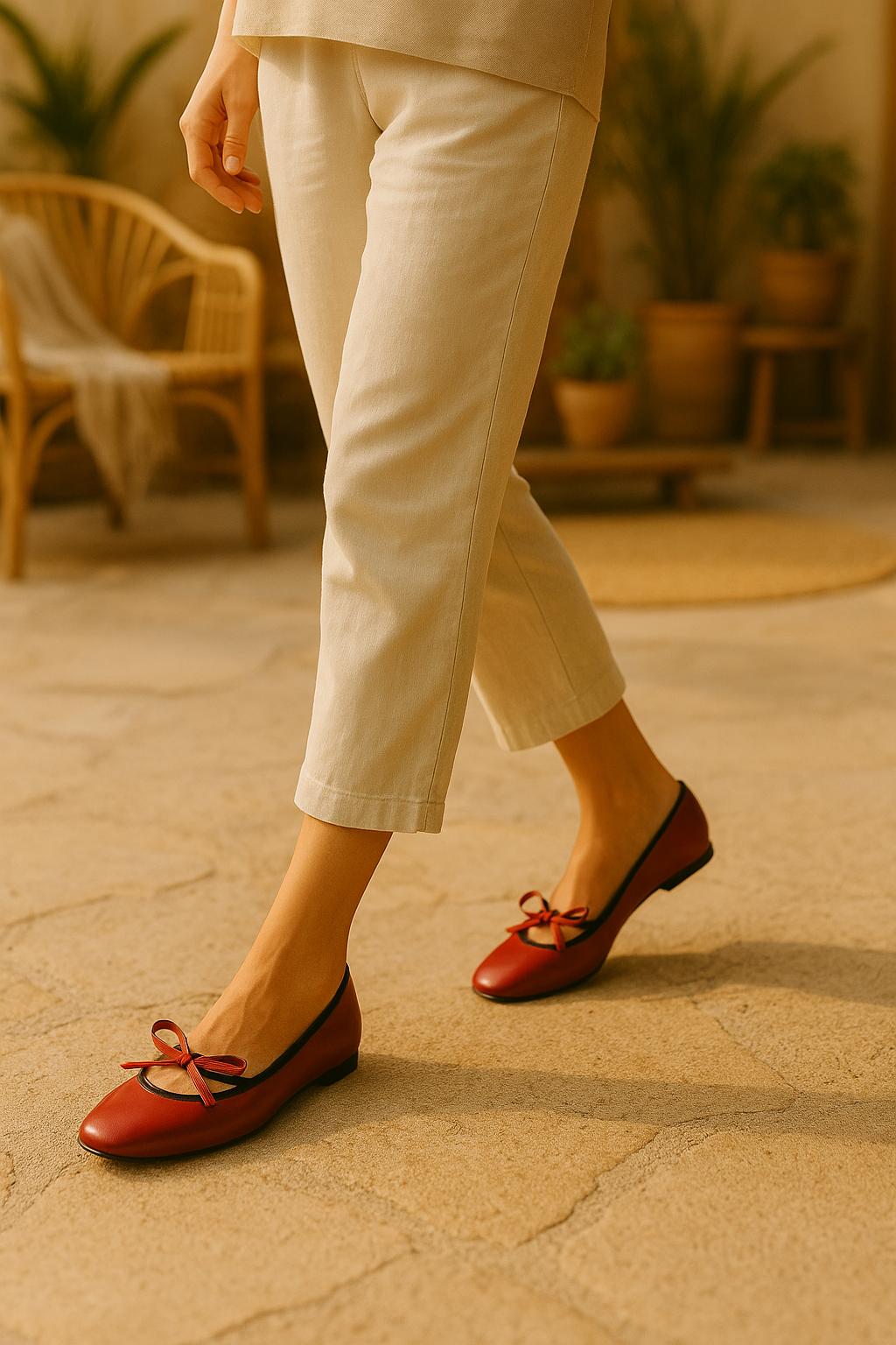 Eloise Flats in Cherry Red – Handmade Everyday Flats for Women | Wide-Foot Friendly with Strap & Bow