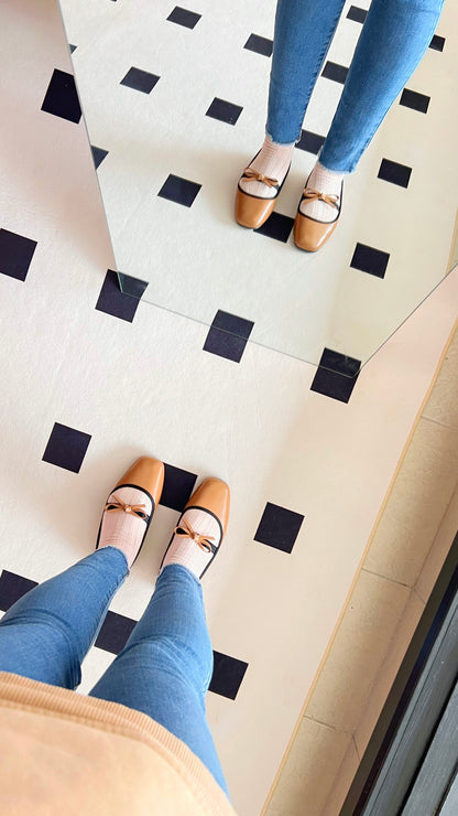 Eloise Flats in Caramel – Handmade Everyday Flats for Women | Wide-Foot Friendly with Strap & Bow