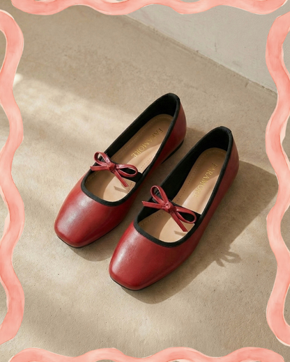 Eloise Flats in Cherry Red – Handmade Everyday Flats for Women | Wide-Foot Friendly with Strap & Bow