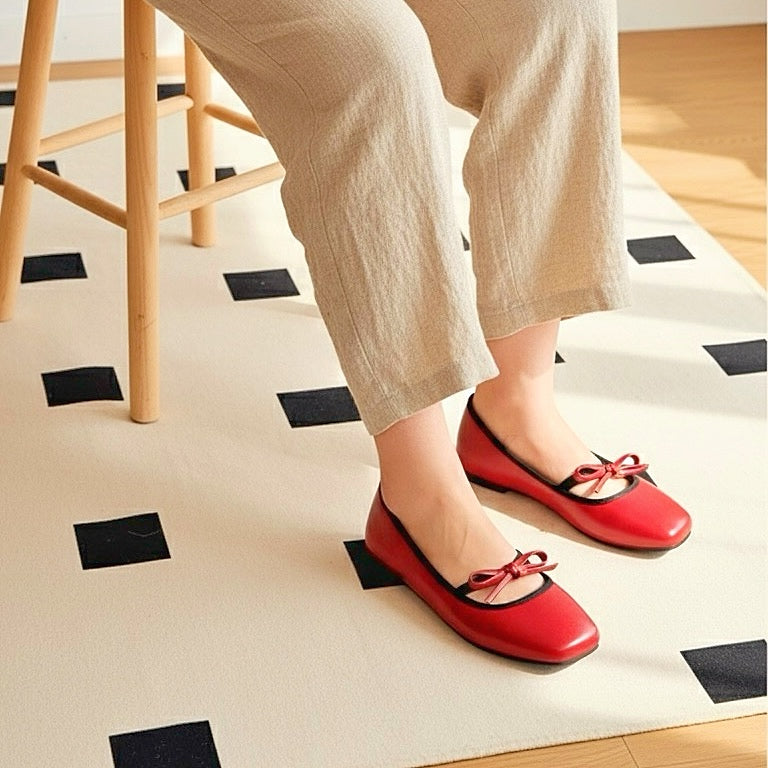 Eloise Flats in Cherry Red – Handmade Everyday Flats for Women | Wide-Foot Friendly with Strap & Bow