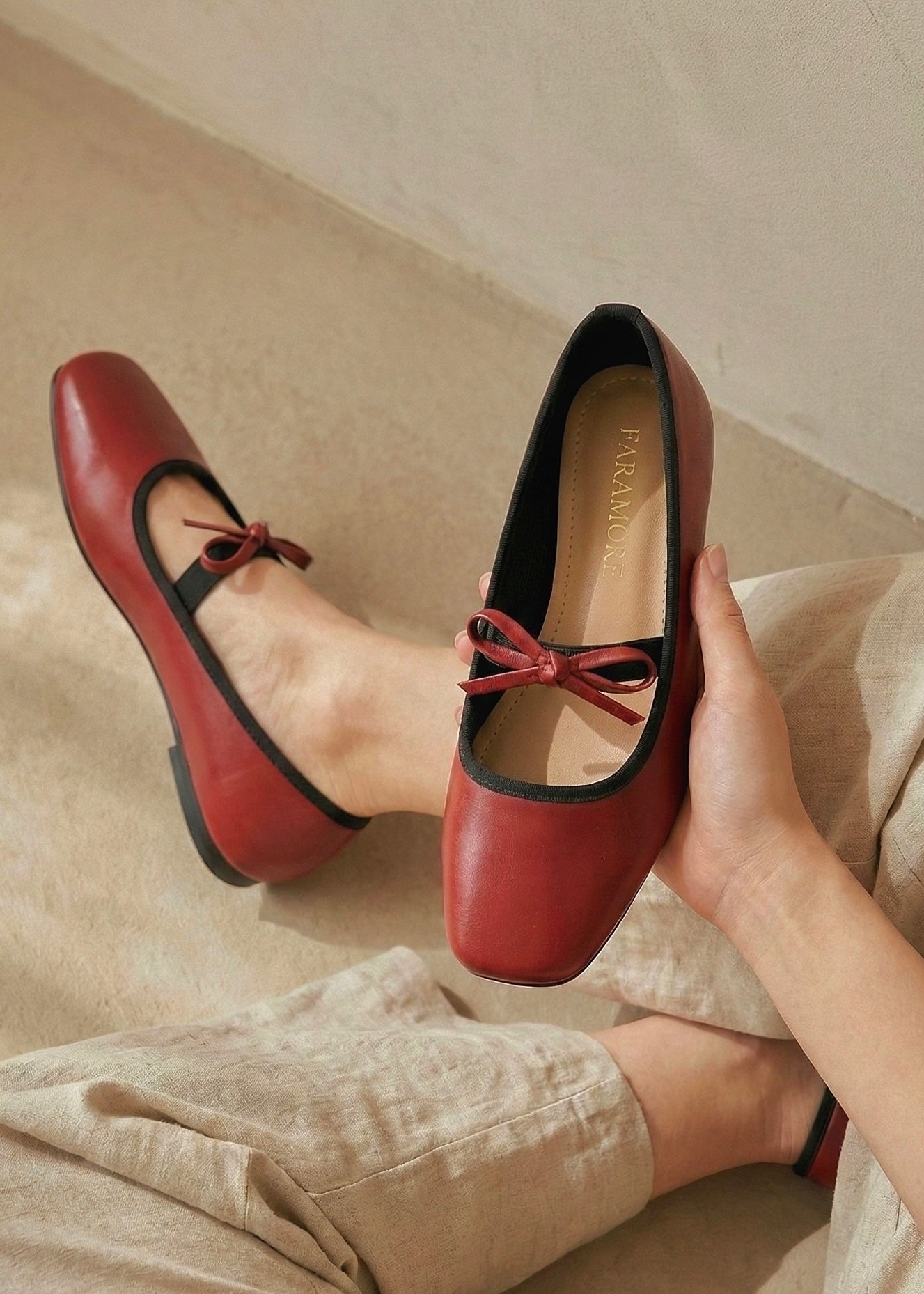 Eloise Flats in Cherry Red – Handmade Everyday Flats for Women | Wide-Foot Friendly with Strap & Bow