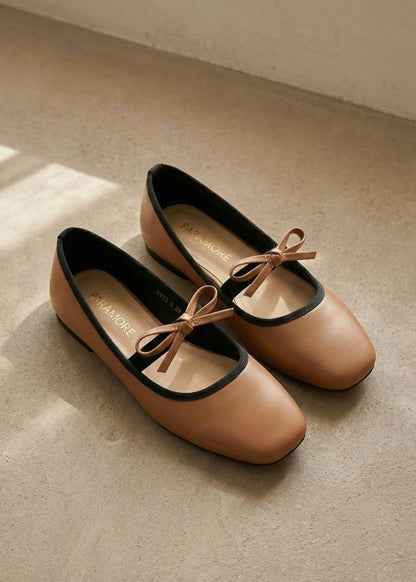 Eloise Flats in Caramel – Handmade Everyday Flats for Women | Wide-Foot Friendly with Strap & Bow