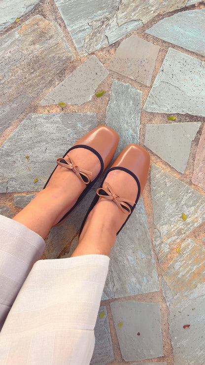 Eloise Flats in Caramel – Handmade Everyday Flats for Women | Wide-Foot Friendly with Strap & Bow