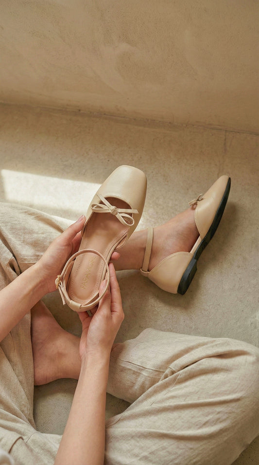 Daphne Flats In Vanilla – Handmade Brown Flats for Women | Wide-Foot & Bunion Friendly with Easy Hook Buckle