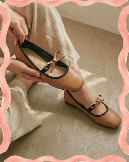 Eloise Flats in Caramel – Handmade Everyday Flats for Women | Wide-Foot Friendly with Strap & Bow