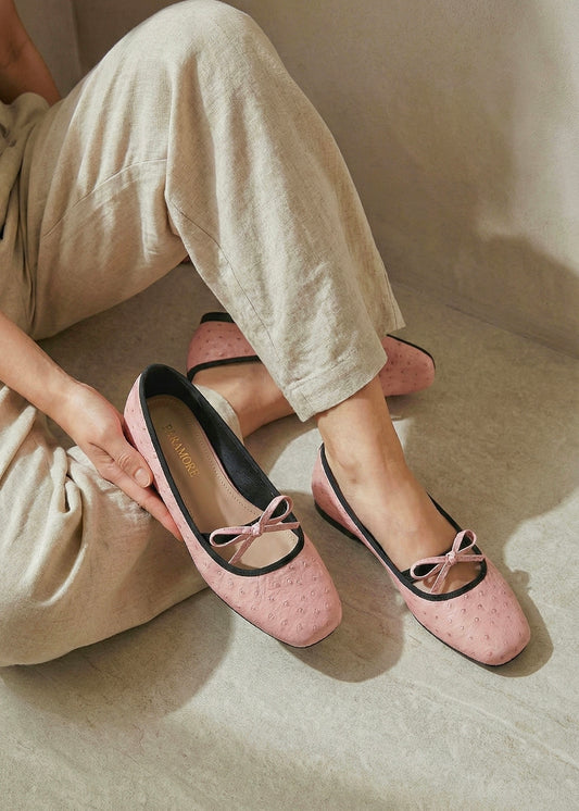 Charlotte In Blush | Square Toe Flats Ostrich Pattern – Handmade Wide Fit Shoes for Daily Comfort