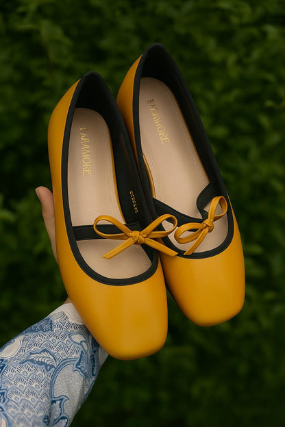 Eloise Flats in Honey Mustard – Handmade Everyday Flats for Women | Wide-Foot Friendly with Strap & Bow
